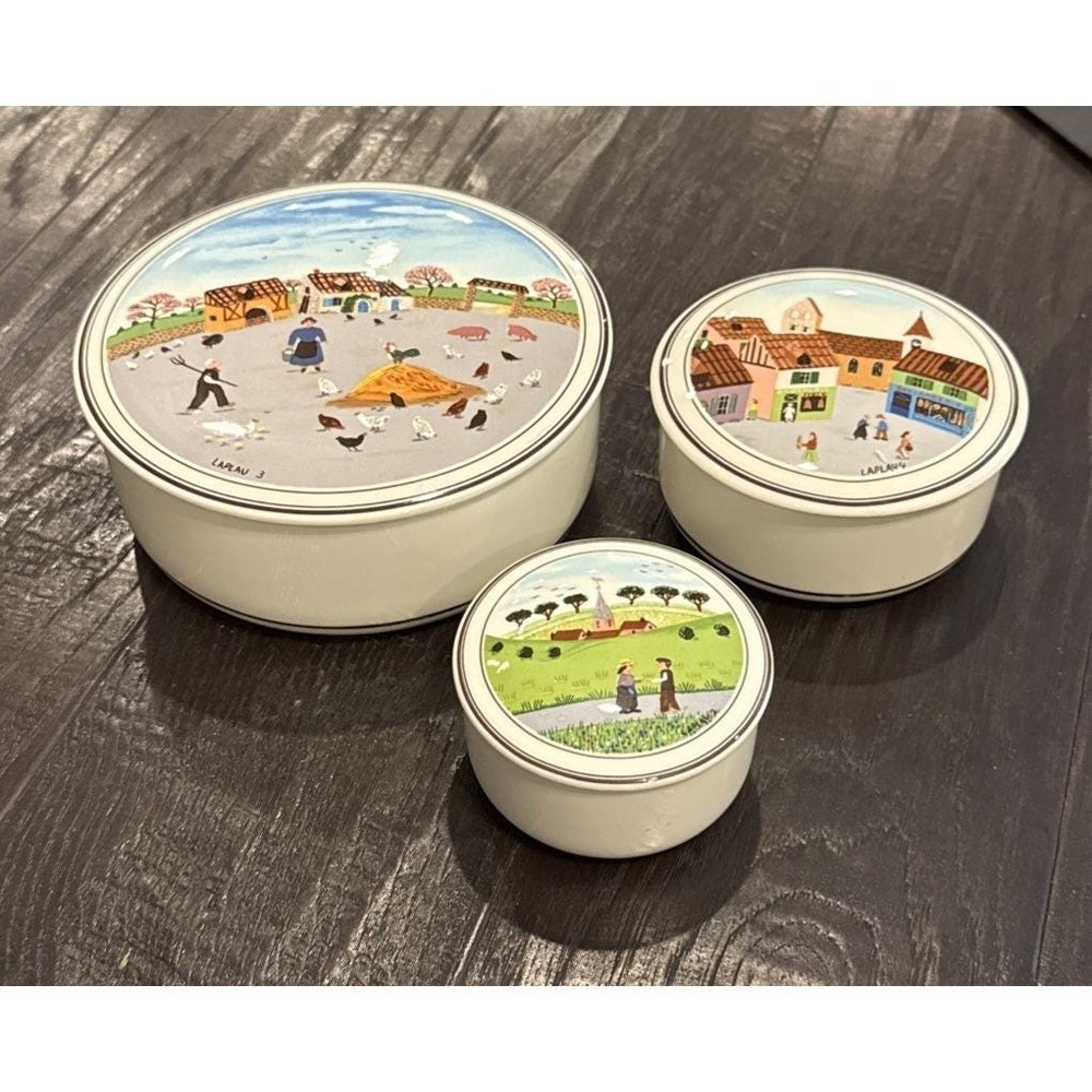 Villeroy & Boch Design Naif Lidded Trinket Jewelry Box Set Of 3 Farm Village